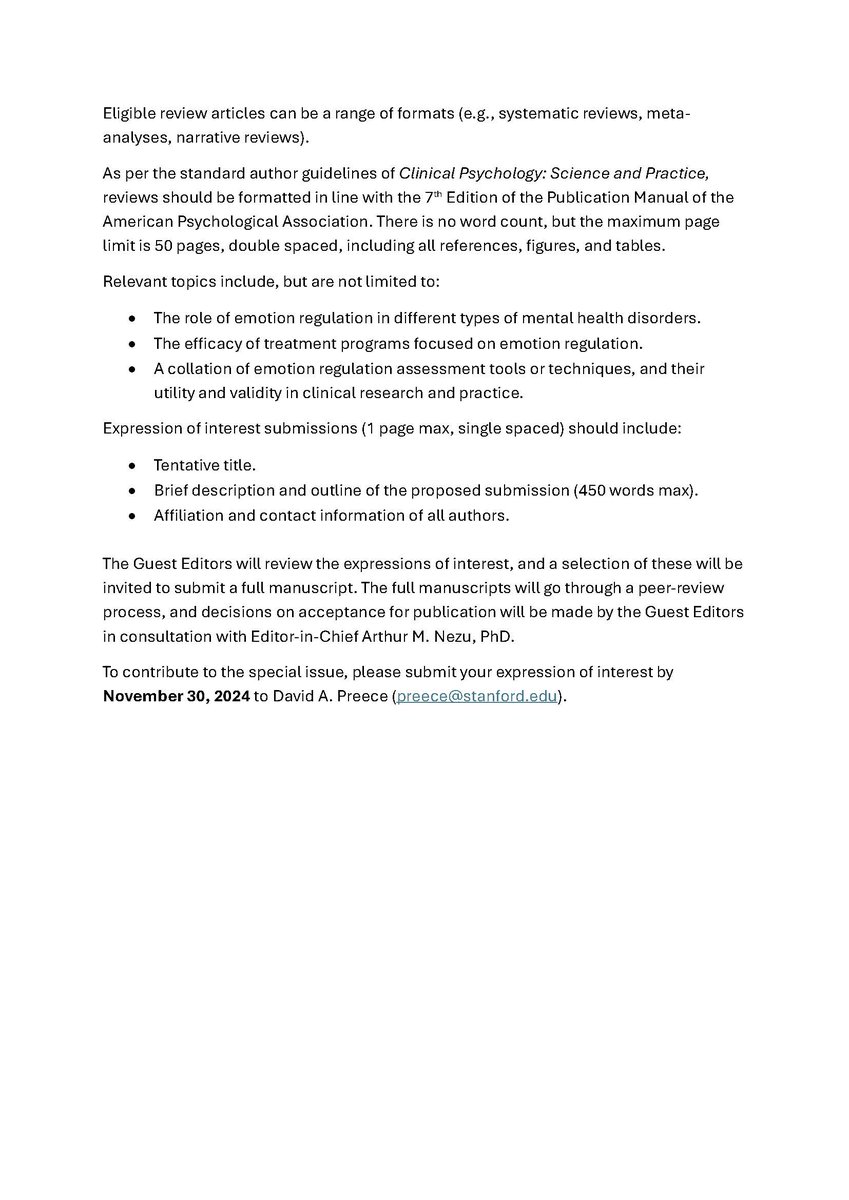 Dr. David Preece (@drdavidpreece) on Twitter photo James Gross and I are excited to be Guest Editing a Special Issue on "#EmotionRegulation: Bridging Affective and Clinical Science" in the <a href="/SCPdiv12/">Society of Clinical Psychology (APA Div. 12)</a> <a href="/APA/">American Psychological Association</a> journal #ClinicalPsychology: Science and Practice.
Please see the details (CALL FOR PAPERS) in below images. EOIs due Nov 30th James Gross and I are excited to be Guest Editing a Special Issue on "#EmotionRegulation: Bridging Affective and Clinical Science" in the <a href="/SCPdiv12/">Society of Clinical Psychology (APA Div. 12)</a> <a href="/APA/">American Psychological Association</a> journal #ClinicalPsychology: Science and Practice.
Please see the details (CALL FOR PAPERS) in below images. EOIs due Nov 30th
