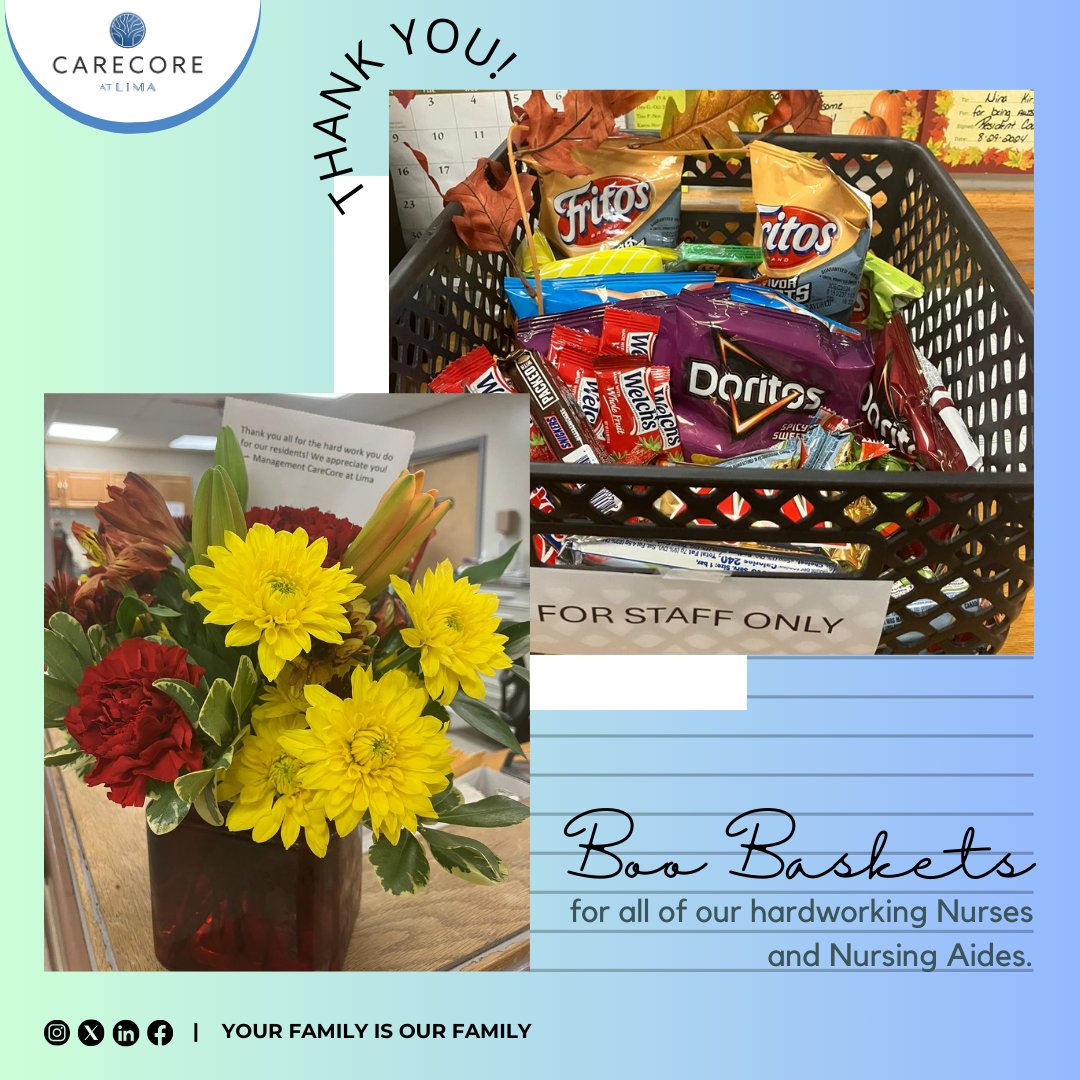 CarecoreLima's tweet photo. A heartfelt thank you to our amazing Nurses and Aides! CareCore at Lima’s management team stocked their stations with Boo Baskets and flowers as a small token of appreciation for your hard work. You make a difference every day! 🌷🙌 #HealthcareHeroes #NurseAppreciation https://t.co/yzXsJSTHMe
