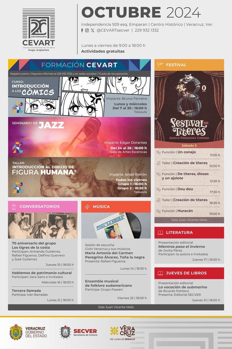 Te invitamos a conocer la programación que el CEVART tiene preparada durante el mes de octubre, entre las que se encuentran diversas actividades académicas y artísticas como conversatorios, diplomados, cursos y talleres.