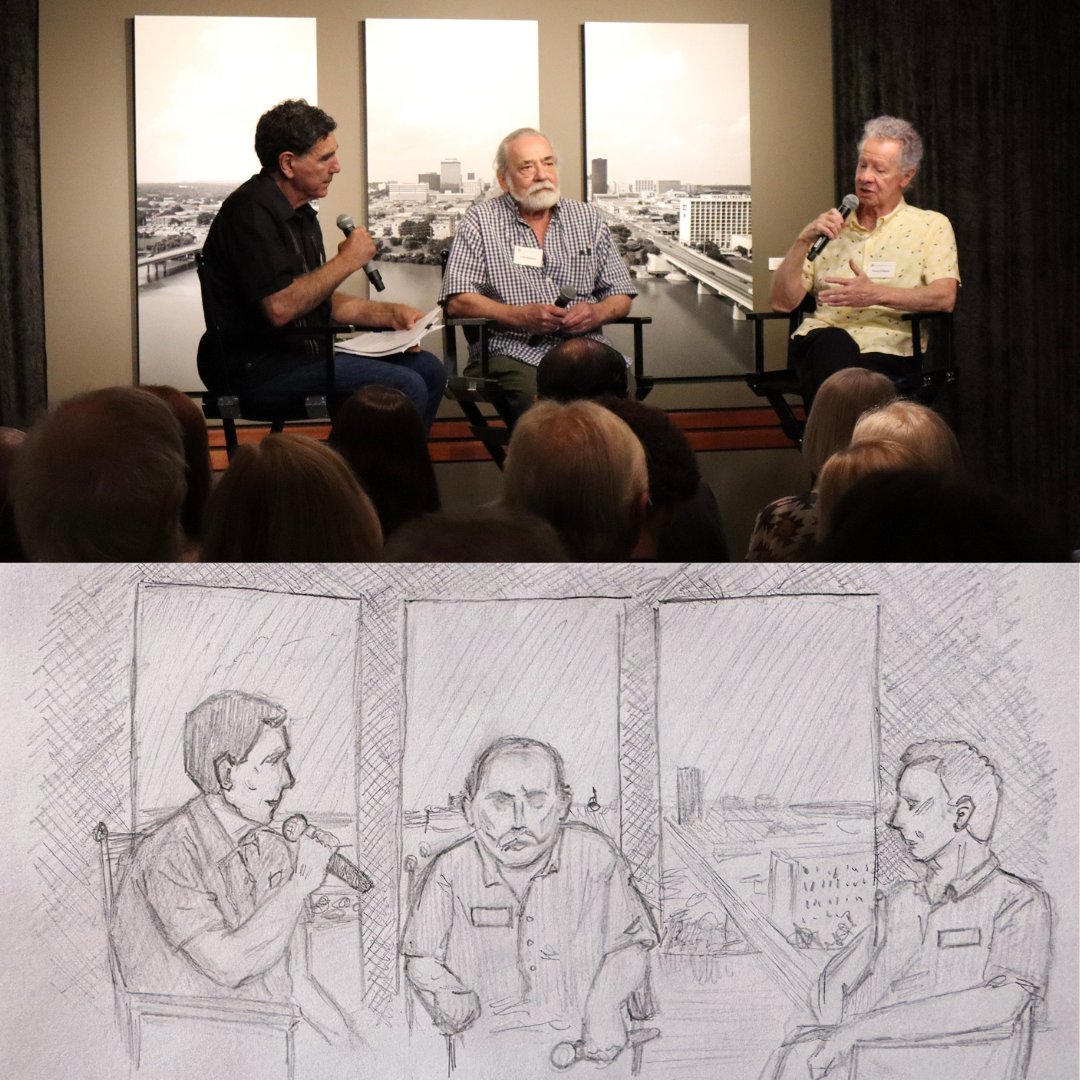 TheWittliff's tweet image. During our last event, one of The Wittliff's collections assistants, Zade drew this beautiful drawing of our guest speakers, and our student worker, Jasmine took the picture! We had so much fun at the event and we appreciate you all joining us! #TXST #AlkekLibrary #TheWittliff