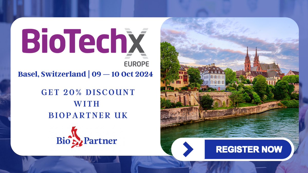 BioPartner's tweet image. #Basel Calling! Get your ticket to #BioTechXEurope with @BioPartner at 20% discount: lnkd.in/e69YjeQw

This premier event will cover #diagnostics, #precisionmedicine, and digital transformation in pharmaceutical development and #healthcare

#Lifescience #Biotech #Pharma