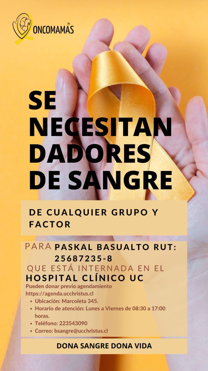 Oncomamás (@oncomamas) on Twitter photo Se necesitan urgente dadores de sangre para Maite, Paskal y Emilio, trasplantados de médula en <a href="/ucchristus/">UC CHRISTUS</a>
<a href="/Rh_Negativos/">Rh Negativos Chile</a>
Agradecemos a quienes puedan donar a nuestros niños ❣️ Se necesitan urgente dadores de sangre para Maite, Paskal y Emilio, trasplantados de médula en <a href="/ucchristus/">UC CHRISTUS</a>
<a href="/Rh_Negativos/">Rh Negativos Chile</a>
Agradecemos a quienes puedan donar a nuestros niños ❣️