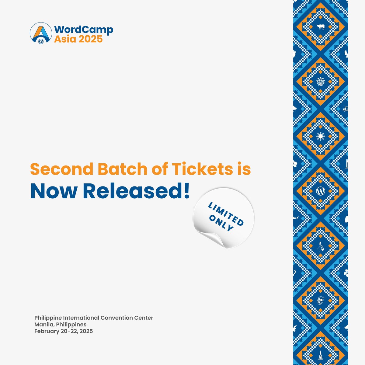 🎟️  Second batch of tickets for WordCamp Asia 2025 are now available! 

🚀The first batch sold out quickly. Don't miss your chance to be part of the biggest WordPress event in Asia.

🎟️  Grab your tickets now: buff.ly/3Y7RByM

#WCAsia #WCAsia2025 #WordPress #WordCamp