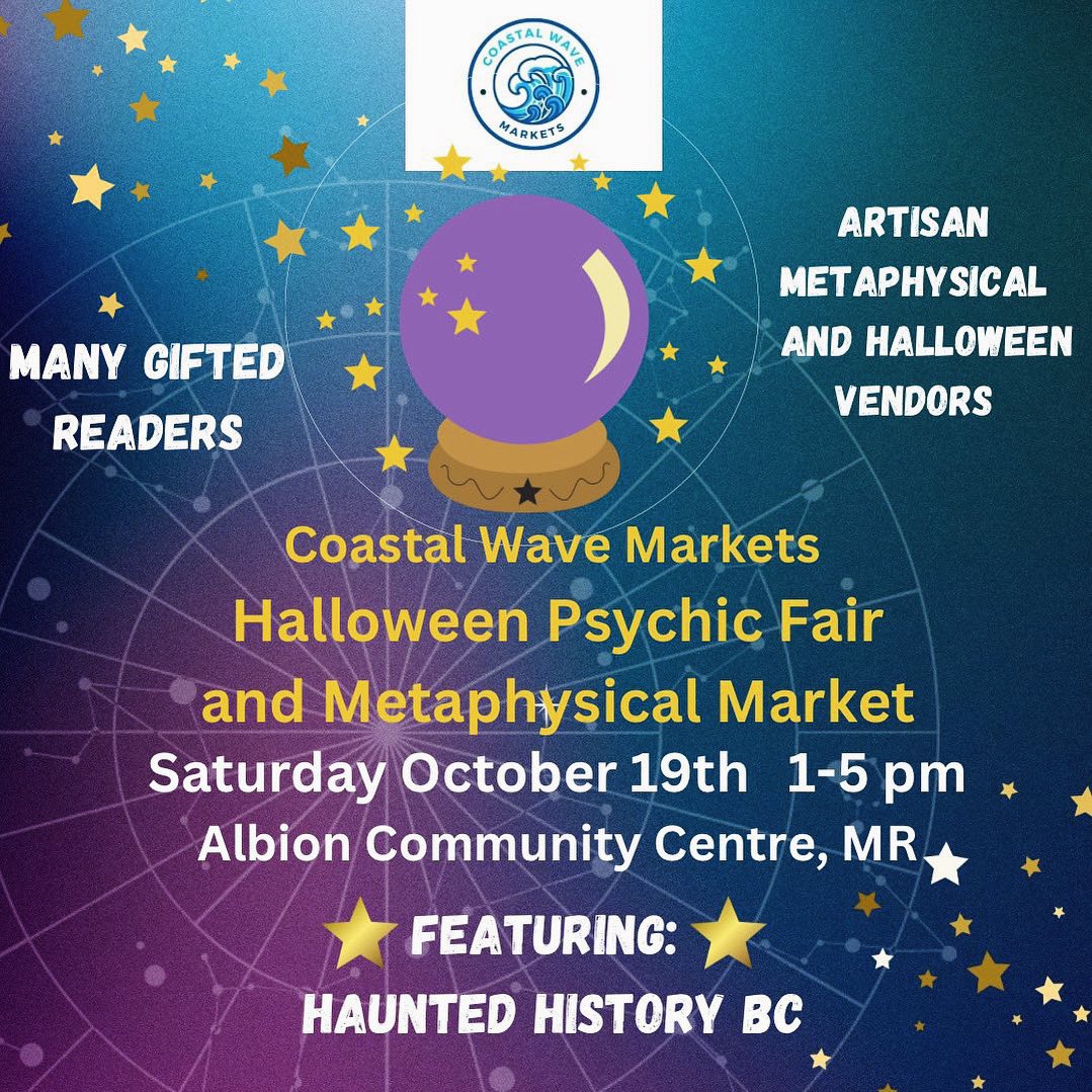HauntedHistory2's tweet image. One of our next exciting events!  Looking forward to this one! We’ll tell a few spooky stories in a couple of 20 minute sets &amp;amp; also have a table with our books, mugs, ghostly jewelry &amp;amp; artwork! #bclocal #Vancouver #pittmeadows #mapleridge #maplerisge150 #Halloween #spookyseason