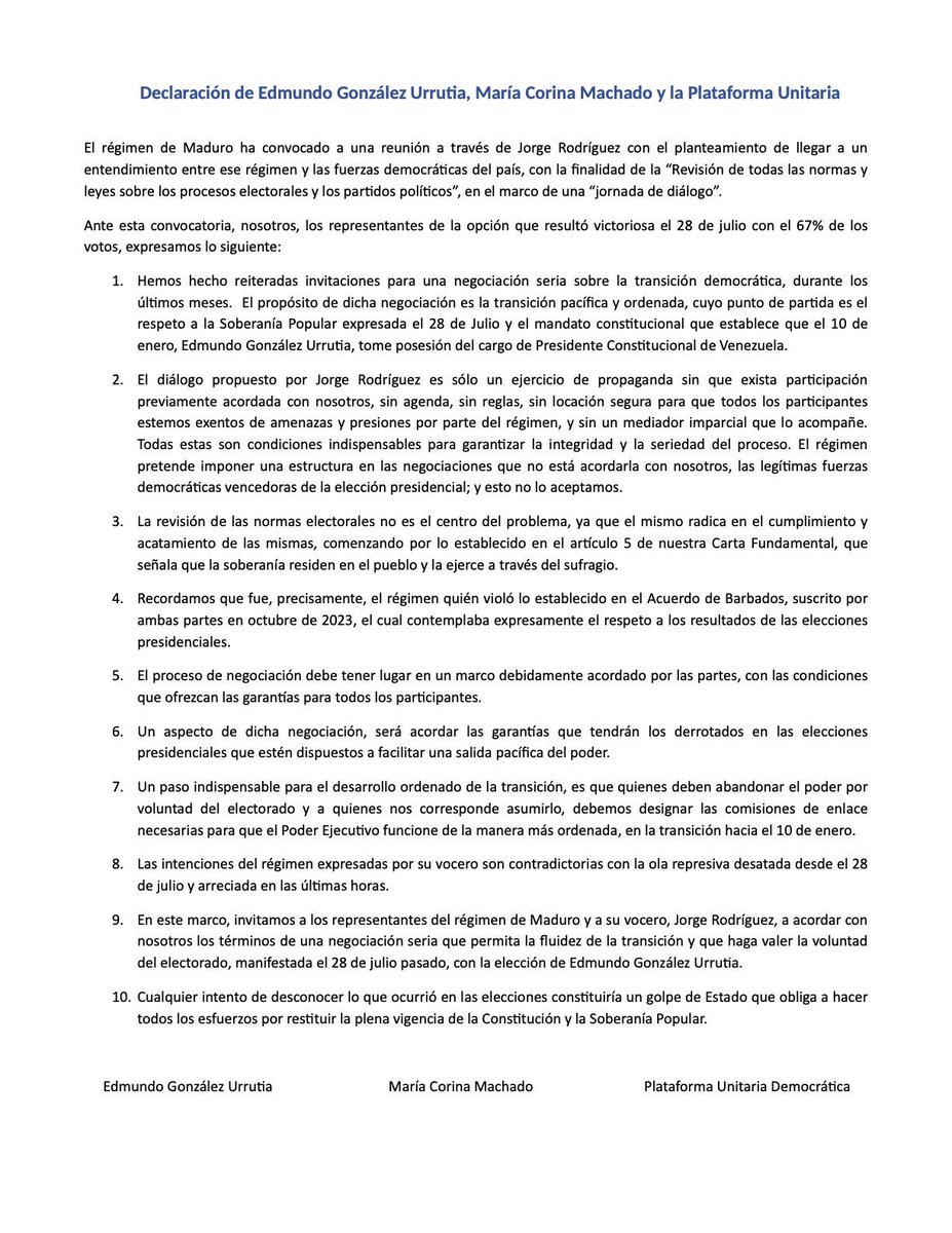#Importante | Declaración de Edmundo González Urrutia <a href="/EdmundoGU/">Edmundo González</a> , María Corina Machado
<a href="/MariaCorinaYA/">María Corina Machado</a> y la Plataforma Unitaria.   #2Oct
