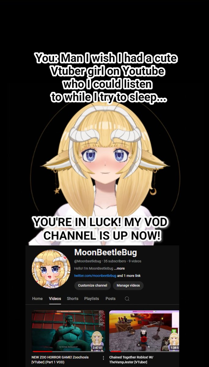 MoonBeetleBug's tweet photo. My vod channel is up now! Sleeping to my videos is encouraged ^_^
https://t.co/Qh4F7K56sM
๐ซ#vtuber #envtuber #vtuberuprising #indievtuber #vodchannel https://t.co/Vu0MDCZomW