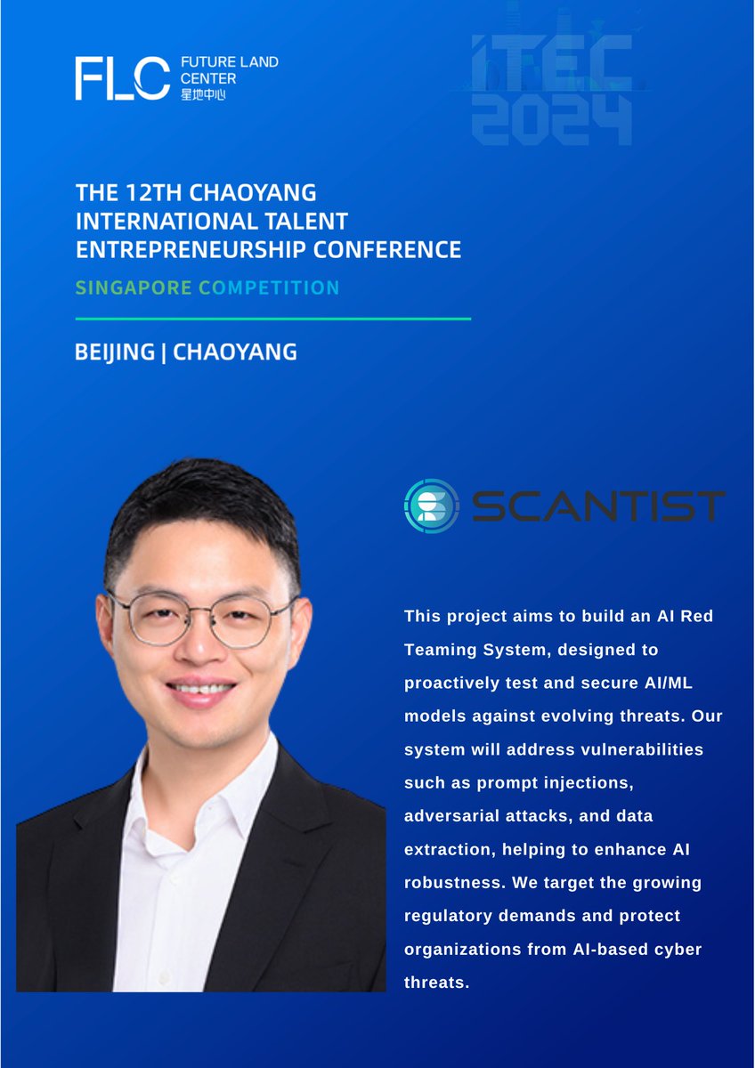 FLC_2024's tweet photo. ITEC 2024 will be held on October 8, 2024, in #Singapore BST.

This is our list of semi-finalist startups！ ✌ 

🛎️ #Regtank
🛎️ #Scantist (Red Team for AI / ML Security)
🛎️ #Peris.ai
🛎️ #Onesight

#ITEC2024 #FutureLandCenter #AI #VR #Finance #Investment https://t.co/3qyIXJzvpA