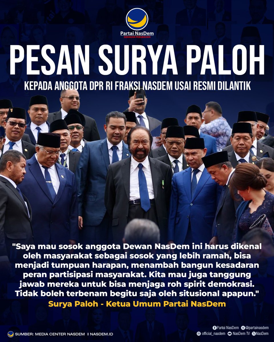 Ketua Umum Partai NasDem, Surya Paloh menitipkan pesan kepada 69 kader NasDem yang telah dilantik sebagai anggota DPR periode 2024-2029. 

Sang Surya berharap para legislator NasDem dikenal sebagai sosok yang menjadi harapan bagi masyarakat.
#PartaiNasDem #RestorasiIndonesia