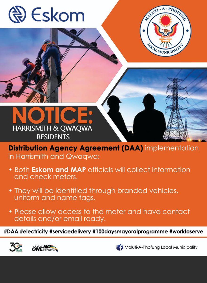 MalutiLocal's tweet image. NOTICE: Harrismith &amp;amp; Qwaqwa Residents

#100daysmayoralprogramme 

Distribution Agency Agreement (DAA) implementation in Harrismith and Qwaqwa by both @Eskom_SA and MAP.

whatsapp.com/channel/0029Va…

#DAA 

#worktoserve 

Issued by: MAP Media and Communications