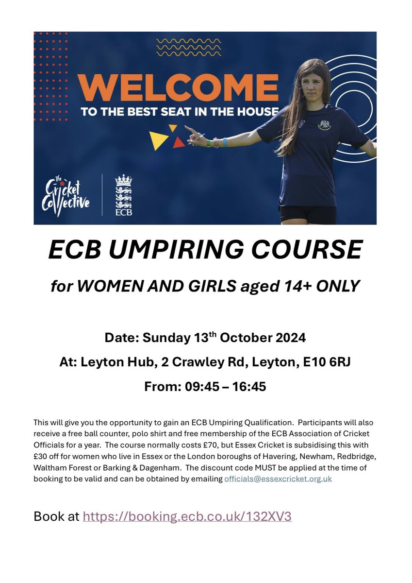 Details of our upcoming Women’s &amp; Girls only umpiring course. Link to book is here: booking.ecb.co.uk/132XV3