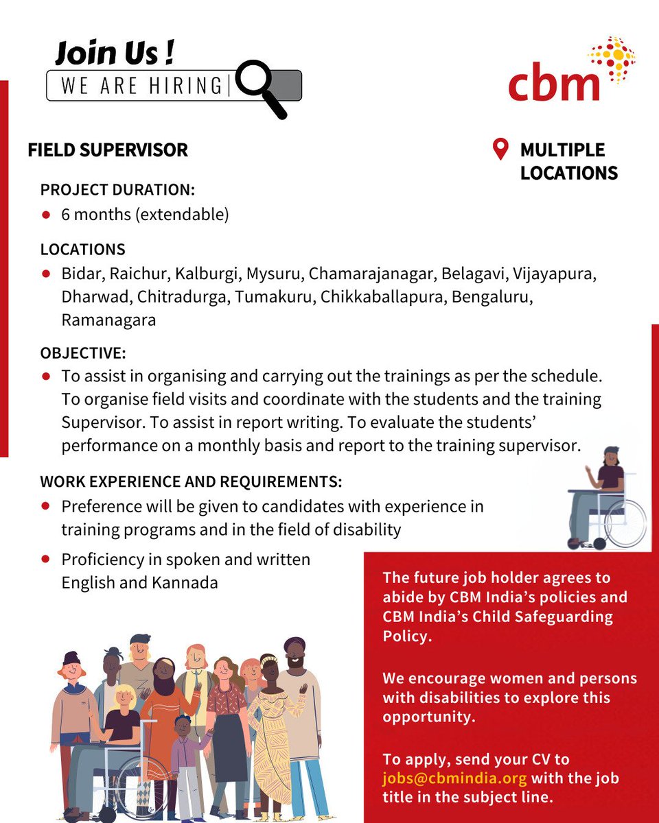 Join our mission to make a difference! We're looking for talented individuals to join our team as Field Supervisors &amp; Training Supervisors. Tap on the link for the job description &amp; send your CV at jobs@cbmindia.org to apply. cbmindia.org/careers/ #CBMIndia #Hiring #IndiaJobs