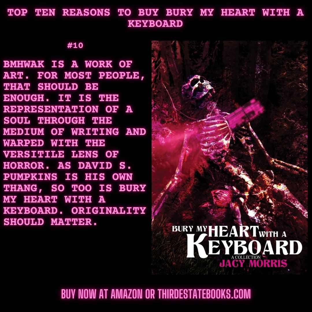 Vocabulariast's tweet photo. Worked on a manuscript for a client, and revising This Rotten World 10: Our Bikes Run on Blood. Would love to get #10 out before Halloween.

Bury My Heart with a Keyboard is out now, waiting patiently for you to take it home and play with its bones.
@Thirdestatebook https://t.co/Uqo9yNM0IL