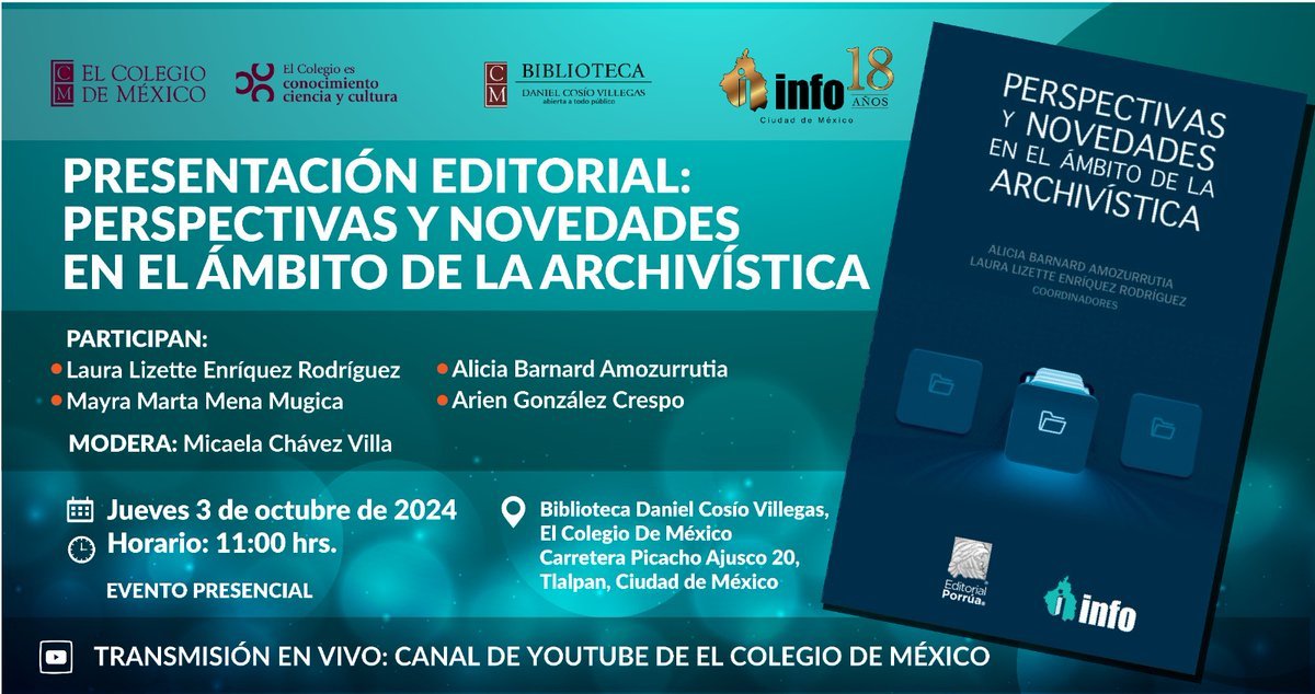 🚨¡NOS VEMOS MAÑANA!🚨
En la presentación del libro "Perspectivas y Novedades en el Ámbito de la Archivística" en la <a href="/BiblioColmex/">Biblioteca Colmex</a> de <a href="/elcolmex/">El Colegio de México</a>, junto a: 
‣ <a href="/Alibarnard/">Alicia Barnard</a>
‣ Mayra Mena
‣ <a href="/ariengc/">Arien González</a> 
‣ <a href="/ChavezMicaela/">Micaela Chavez</a>
¡Acompáñanos presencialmente o sigue la transmisión en vivo!