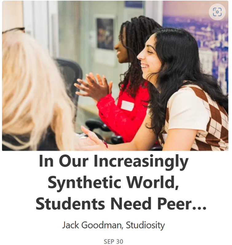 Sally Kift (@kiftsally) on Twitter photo 🚨In my #NeededNowLT w @jasonmlodge
<a href="/studiosity/">Studiosity</a> <a href="/jackaroo2000/">Jack Goodman</a>
👇In Our Increasingly Synthetic World Students Need Peer Connections More than Ever
🚫Artificial friends/bots
❓Belonging
💁Peer connections & support 4 relationship-rich edu➕to reduce stress🧑🤝🧑
needednowlt.substack.com/p/in-our-incre… 🚨In my #NeededNowLT w @jasonmlodge
<a href="/studiosity/">Studiosity</a> <a href="/jackaroo2000/">Jack Goodman</a>
👇In Our Increasingly Synthetic World Students Need Peer Connections More than Ever
🚫Artificial friends/bots
❓Belonging
💁Peer connections & support 4 relationship-rich edu➕to reduce stress🧑🤝🧑
needednowlt.substack.com/p/in-our-incre…
