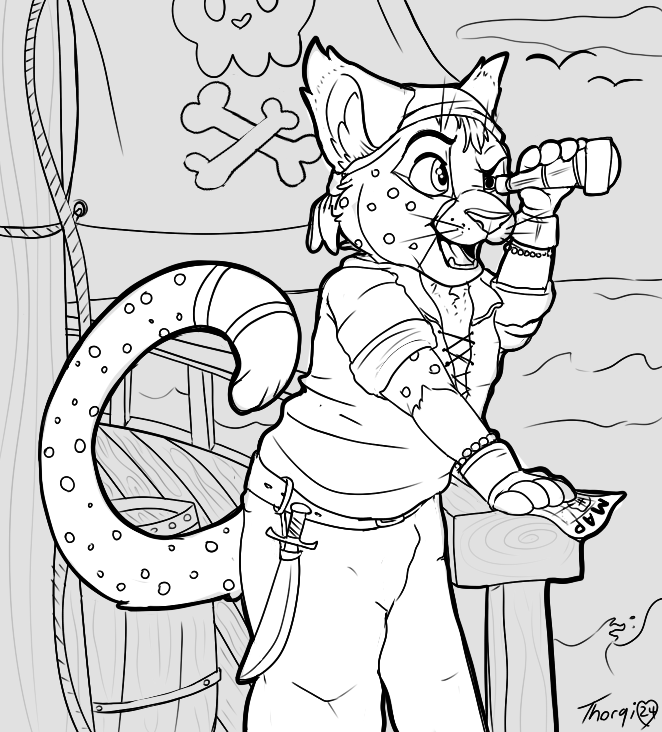 ejwestphal's tweet photo. Prompt - "Discover" I thought about pirates and without his permission volunteered my friend Chatah to be a pirate cat!

Went a little ham on this but I had fun :)

So hard not to color it, focusing on lines! 🖋️

#inktober2024day1 #inktober2024 #inktober2024discover #furryart https://t.co/cYZNMinmd2
