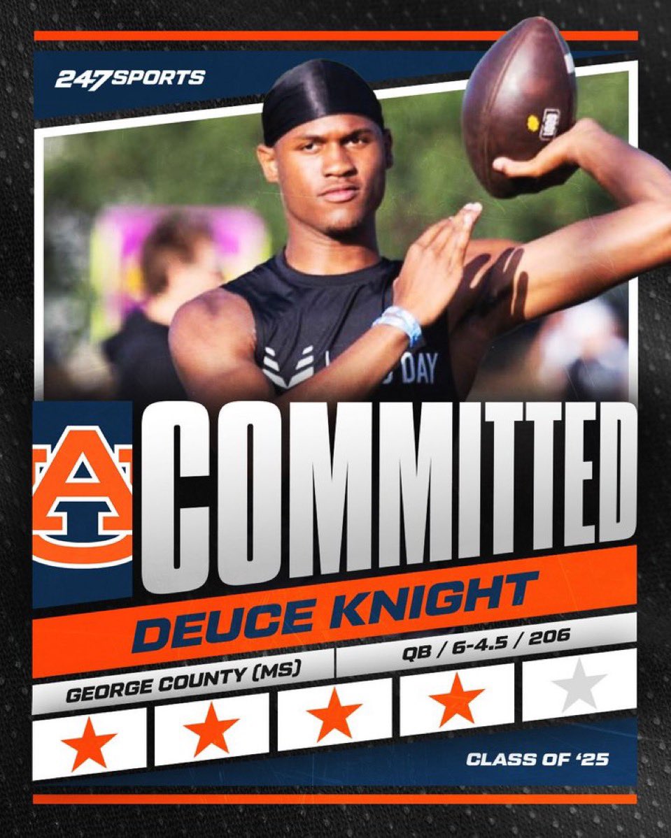 TomLoy247's tweet photo. BREAKING: Top100 QB Deuce Knight has flipped from Notre Dame to Auburn. 

After being a silent for weeks, he went public with his pledge to the Tigers.

Story: https://t.co/yaTyf2Yecq

@247Sports https://t.co/DOihOel2X1