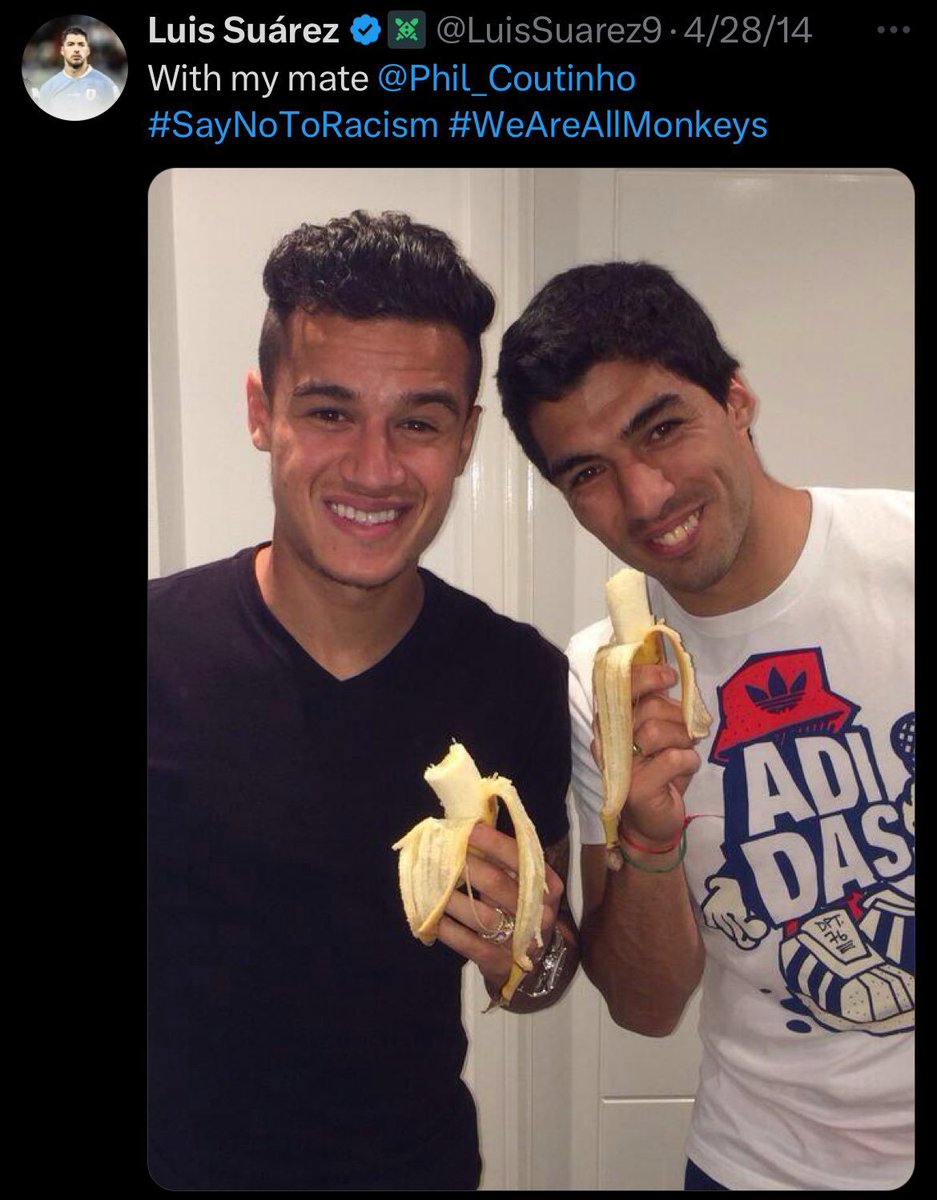 WikiBarraquena's tweet photo. Suárez: "Con mi amigo #DileNoAlRacismo #TodosSomosMonos" https://t.co/enWP8wsxyo