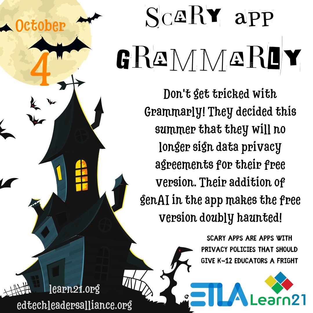 EdTechLeadAll's tweet photo. Don't get tricked with Grammarly! They decided this summer that they will no longer sign data privacy agreements for their free version. Their addition of genAI in the app makes the free version doubly haunted!

#edtech #studentdataprivacy #etla https://t.co/FH5SWW3QUY