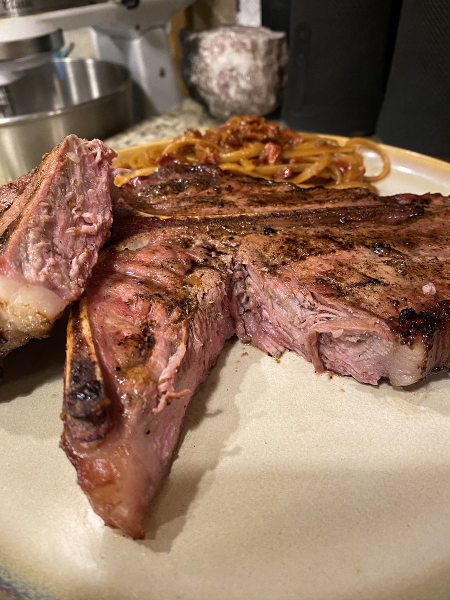 SuzieQuackers2's tweet photo. Dry Aged Kinders Korean and Garlic T-Bone, Fettucine Tomato Basil Homestyle! Lunch tomorrow for sure! #TwoTrickPony #WishUWereHere https://t.co/R0BdGuHhdi