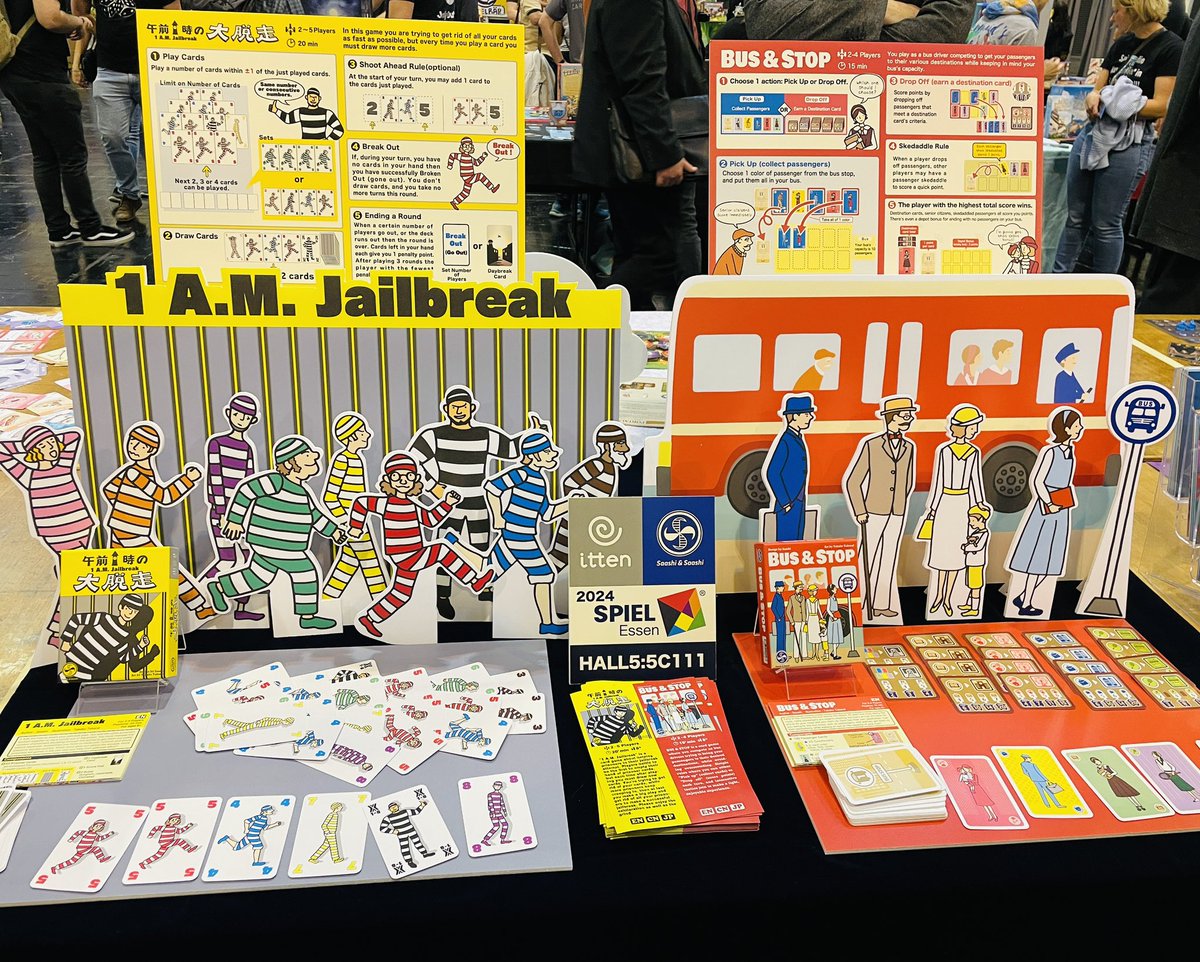 saashiandsaashi's tweet image. Spiel開催前日のメディア向けの展示スペースで、『バス&amp;amp;ストップ』と『午前1時の大脱走（1 A.M. Jailbreak）』のコンポーネントなどを展示してました。明日はいよいよ開幕です。 #SPIEL #SPIEL24