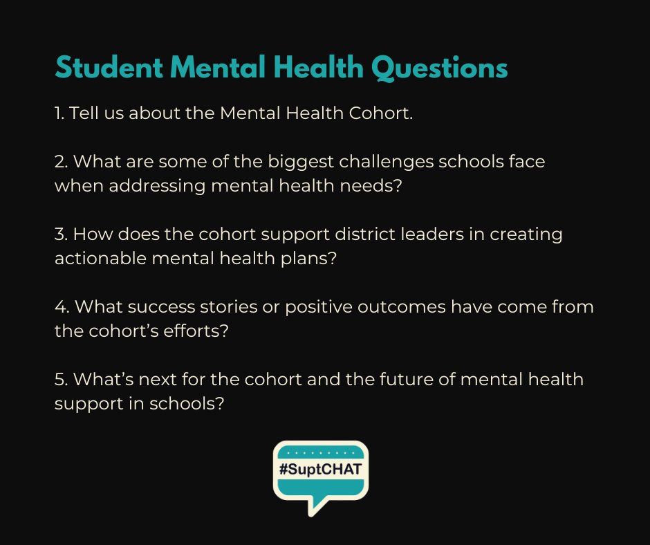 #SuptChat Episode 107 on <a href="/AASAHQ/">AASA</a> #MentalHealth is coming up in 10 Minutes.  

Great conversations are coming.
