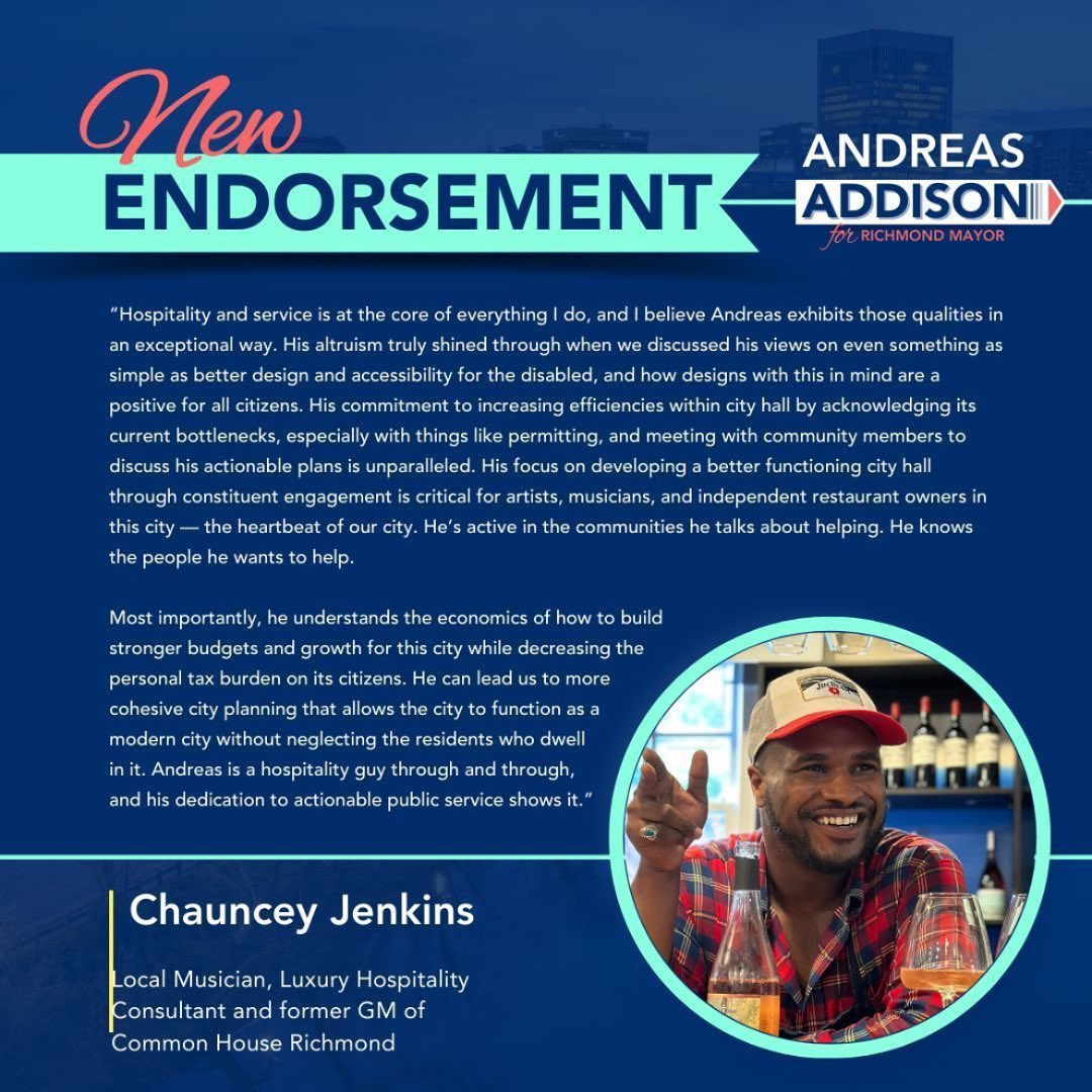 I had a full sit down with <a href="/andreasrva/">Andreas D. Addison</a> and we talked through his policies, his principles, and his vision. Andreas is a solution-based candidate, a listener and doer. He has my full support for mayor of Richmond. Head to andreasaddison.com to check out his policies.