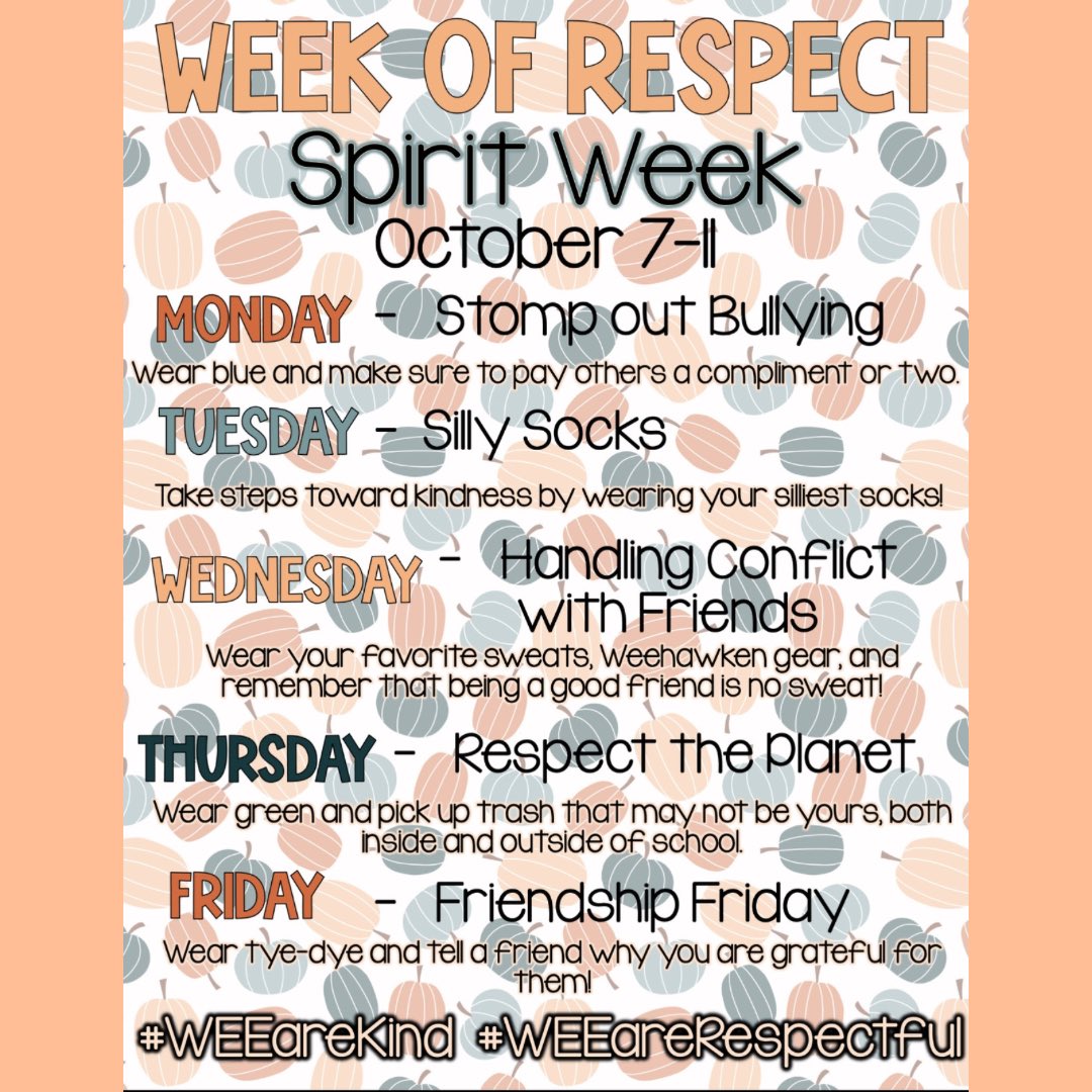 Weehawken Schools (@weehawkentsd) on Twitter photo DWS Week of Respect Spirit Week 10/7 - 10/11
<a href="/EricCrespoEDU/">Eric Crespo</a> <a href="/FAmato53/">Francesca Amato</a> <a href="/al_orecchio/">Al Orecchio</a> <a href="/DeStefanoEDU/">Dr. Nicholas DeStefano</a> <a href="/MrsCullinane/">Jacqueline Cullinane</a> <a href="/bcalligy/">Brian Calligy</a> <a href="/BriannaReganEDU/">Brianna Regan</a> <a href="/JColasurdoEDU/">Jillian Colasurdo</a> <a href="/gioahmad/">Gio Ahmad</a> <a href="/MsKallertDWS/">Elizabeth Kallert</a> <a href="/Melissa__Viera/">Melissa Viera</a> <a href="/DWS_PTA/">DWS PTA</a> DWS Week of Respect Spirit Week 10/7 - 10/11
<a href="/EricCrespoEDU/">Eric Crespo</a> <a href="/FAmato53/">Francesca Amato</a> <a href="/al_orecchio/">Al Orecchio</a> <a href="/DeStefanoEDU/">Dr. Nicholas DeStefano</a> <a href="/MrsCullinane/">Jacqueline Cullinane</a> <a href="/bcalligy/">Brian Calligy</a> <a href="/BriannaReganEDU/">Brianna Regan</a> <a href="/JColasurdoEDU/">Jillian Colasurdo</a> <a href="/gioahmad/">Gio Ahmad</a> <a href="/MsKallertDWS/">Elizabeth Kallert</a> <a href="/Melissa__Viera/">Melissa Viera</a> <a href="/DWS_PTA/">DWS PTA</a>