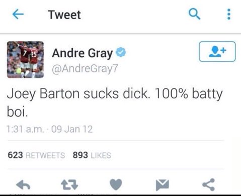 WikiBarraquena's tweet photo. Gray: "Joey Barton chupa penes. 100% chico tonto."
"¿Soy yo o hay gays por todas partes? #Quemen #Maten #MeEnferma" https://t.co/4tRWQIFx2i