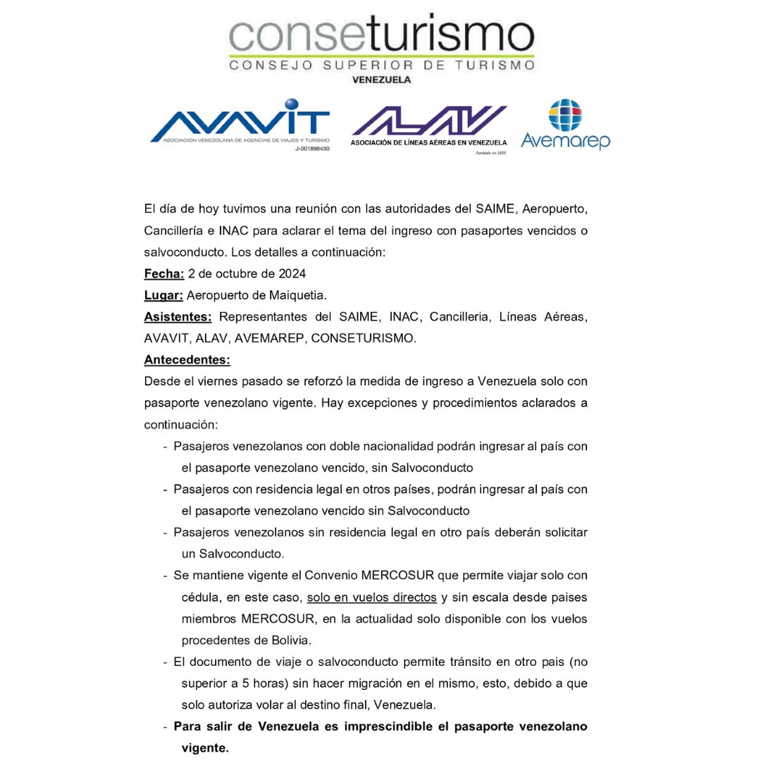 AVAVIT1's tweet photo. Notas informativas de la reunión sostenida hoy con autoridades de SAIME Maiquetía, @InacVzla   @CancilleriaVE @CONSETURISMO, AVAVIT, @ALAV @AVEMAREP y aerolíneas, para tratar el tema de los nuevos procedimientos para el ingreso de venezolanos al país con pasaporte vencido. https://t.co/c7sHOvJ7X0