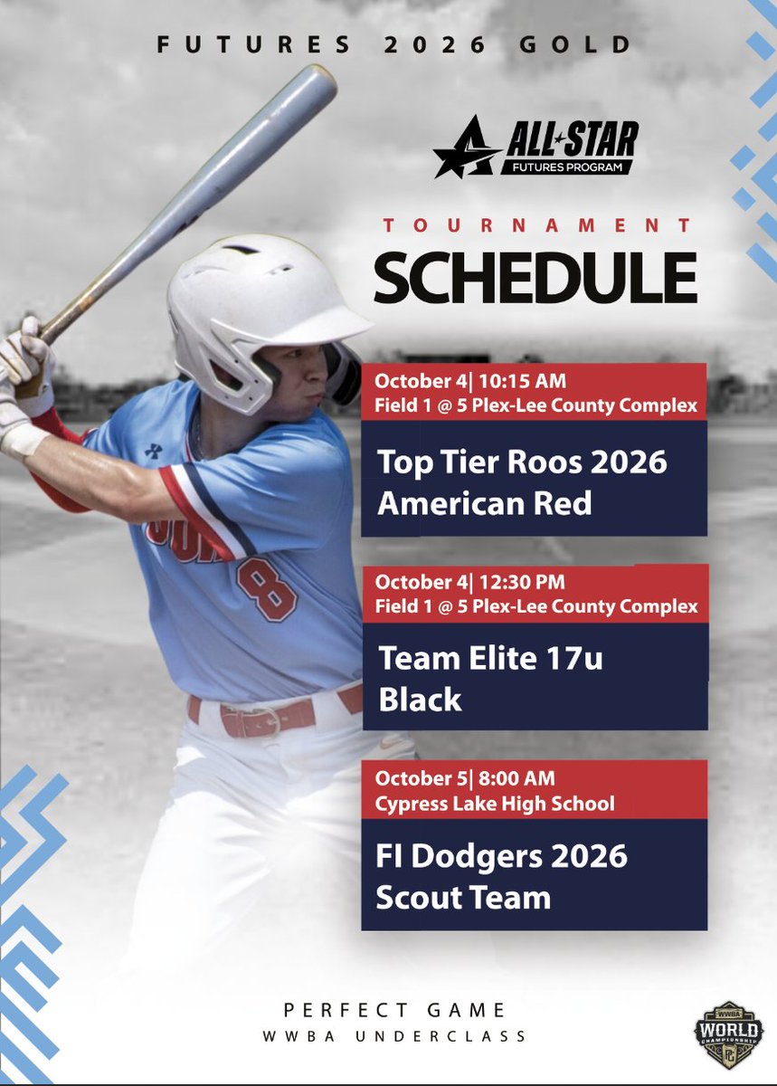 Futures Program (@futuresprogram) on Twitter photo Two of our #futures teams will be competing in Fort Myers, FL at the <a href="/PG_Scouting/">Perfect Game Scout</a> WWBA Underclass. Coaches, please reach out to <a href="/MattWalczak/">Matt Walczak</a> with any questions!
All probable pitchers are listed for each game.
<a href="/AllStarBaseball/">All-Star Sports Academy</a> Two of our #futures teams will be competing in Fort Myers, FL at the <a href="/PG_Scouting/">Perfect Game Scout</a> WWBA Underclass. Coaches, please reach out to <a href="/MattWalczak/">Matt Walczak</a> with any questions!
All probable pitchers are listed for each game.
<a href="/AllStarBaseball/">All-Star Sports Academy</a>