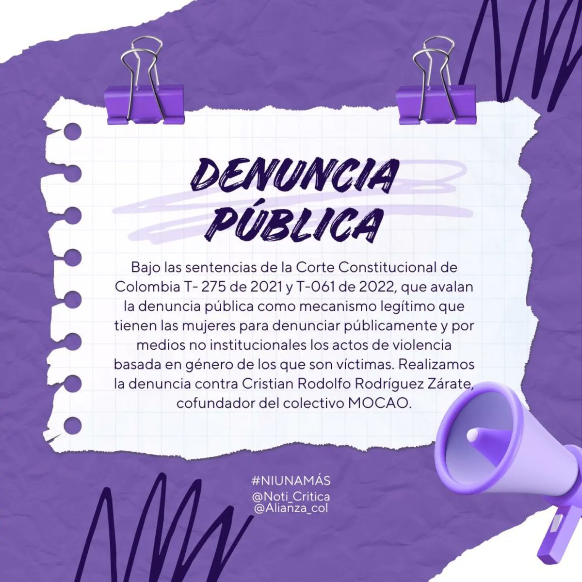 alianza_col's tweet photo. Bajo las sentencias de la Corte Constitucional de Colombia T- 275 de 2021 y T-061 de 2022. Realizamos la denuncia contra Cristian Rodolfo Rodríguez Zárate, cofundador de @MocaoColombia.

Toda la información y pruebas se encuentran aquí:
https://t.co/FUq1SmDops https://t.co/Sn5RibxqDx