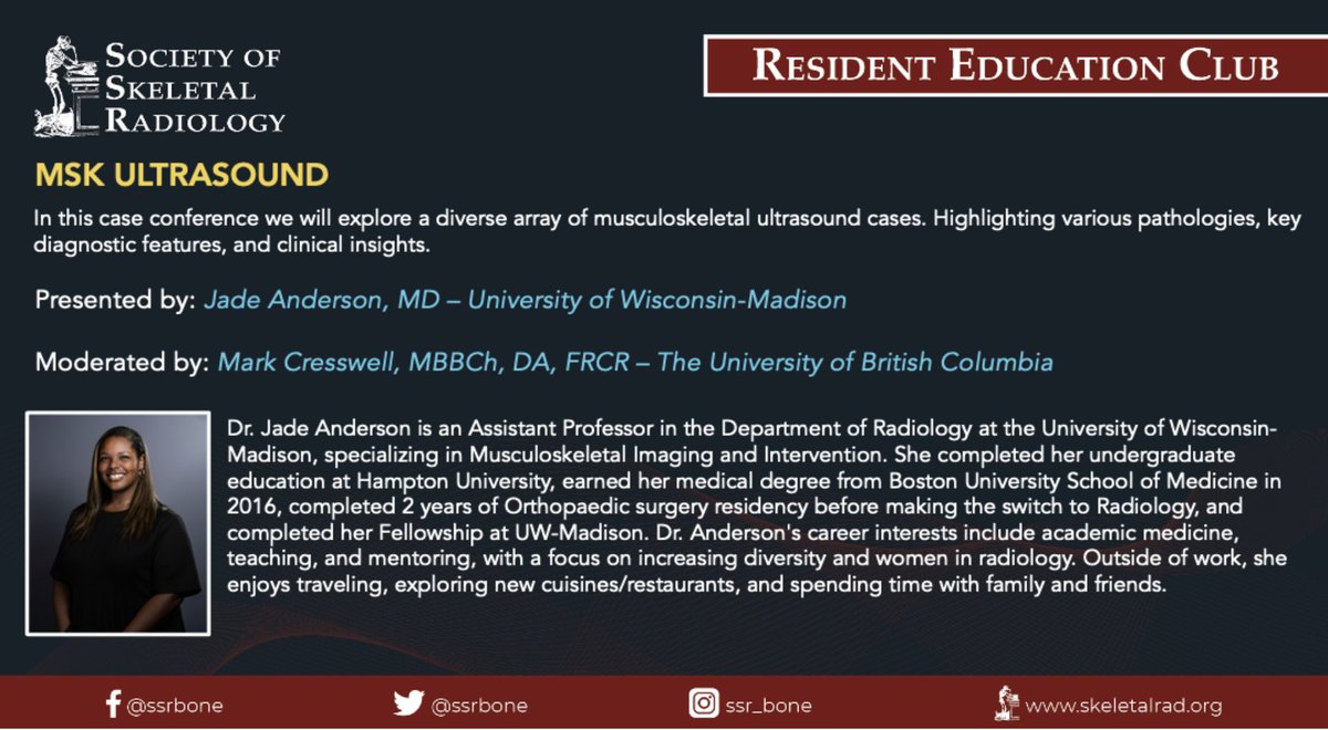 Society of Skeletal Radiology (@ssrbone) on Twitter photo 🩻Probe into MSK ultrasound with Dr. Anderson <a href="/Ortho2Rads/">Jade Anderson, MD</a> at our second REC of the season!
We can't wait for this one! 💪
Register here 👇
veritasamc.zoom.us/webinar/regist…
#radres #MSKrad #MedEd #FOAMed 🩻Probe into MSK ultrasound with Dr. Anderson <a href="/Ortho2Rads/">Jade Anderson, MD</a> at our second REC of the season!
We can't wait for this one! 💪
Register here 👇
veritasamc.zoom.us/webinar/regist…
#radres #MSKrad #MedEd #FOAMed