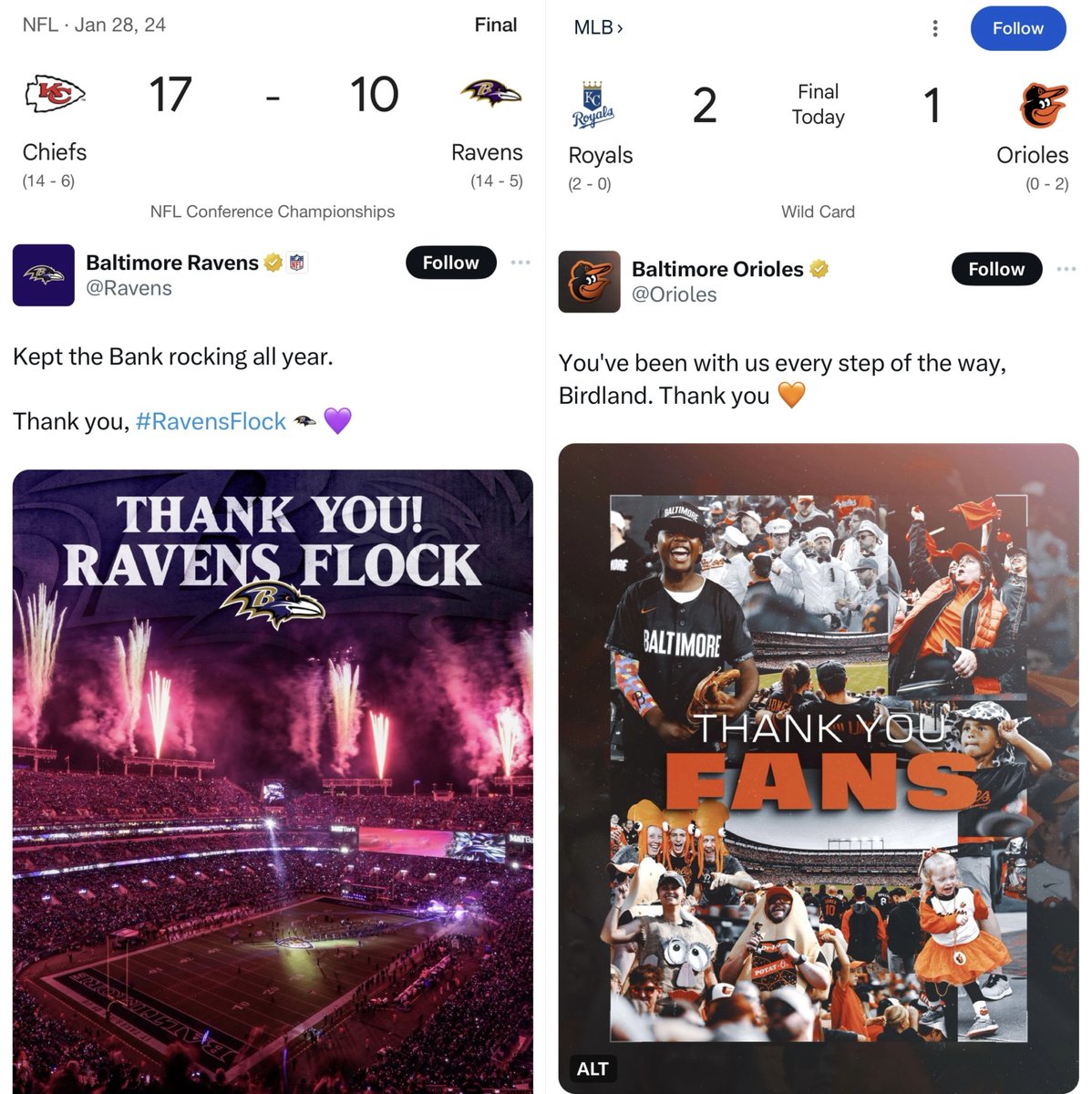 Eliminating Baltimore teams in the postseason.

Chiefs 🤝 Royals