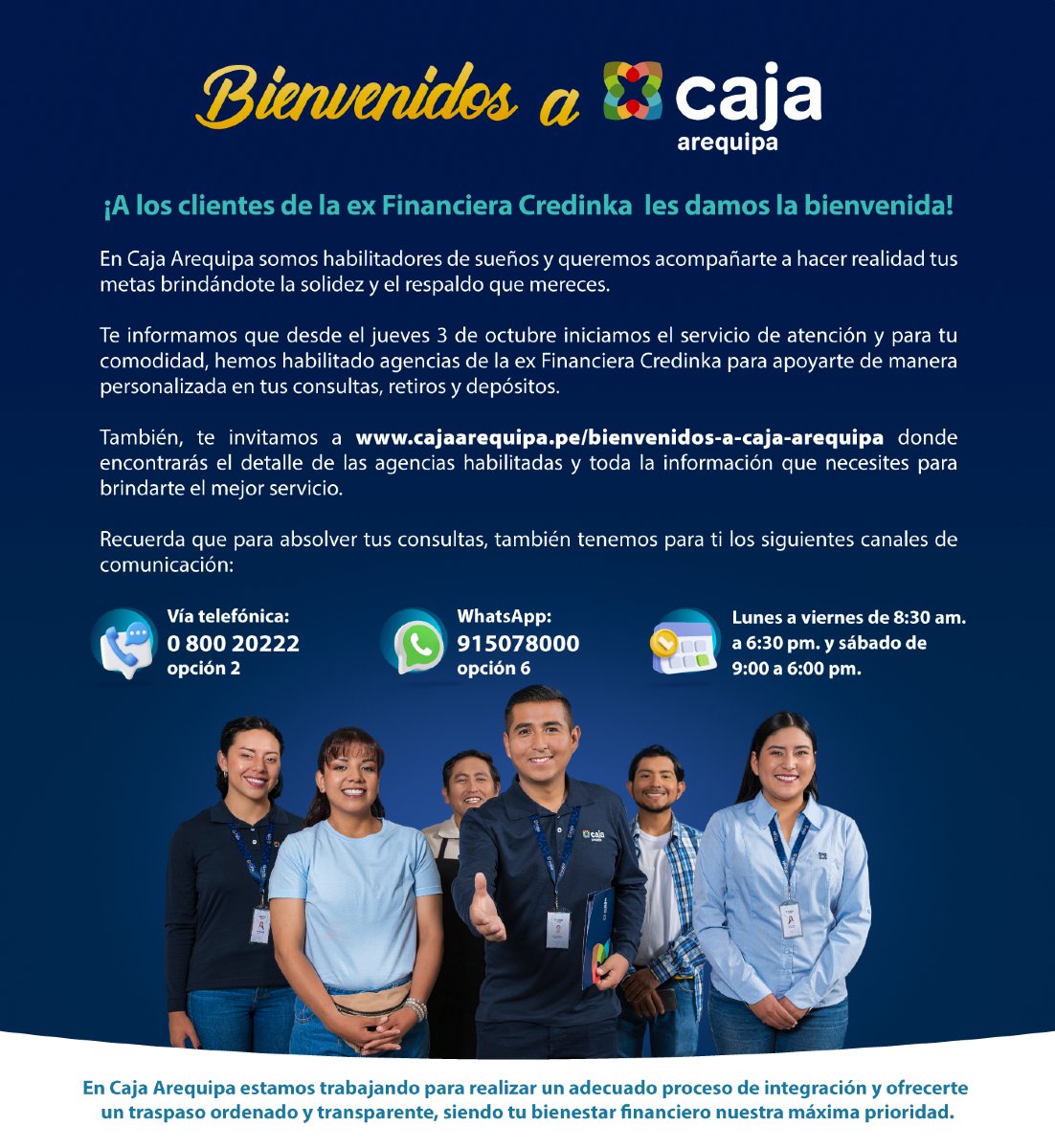 Tu tranquilidad y bienestar financiero ahora es nuestra prioridad 💪🏽💙. Bienvenidos a todos los clientes de la ex Financiera Credinka 🤝🏽. Toda la información de las agencias a su disposición y preguntas frecuentes la encontrarán aquí ➡️ cajaarequipa.pe/bienvenidos-a-…
