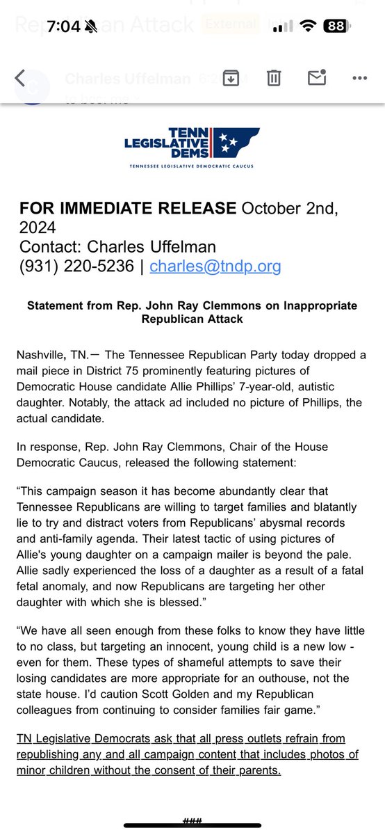 Tennessee Lookout || tnlookout.bsky.social (@tnlookout) on Twitter photo Just in: <a href="/TNDemocrats/">TN House Democrats</a> are slamming a mail piece featuring a picture of House District 75 candidate Allie Phillips's 7-year-old daughter. Caucus Chair <a href="/JRClemmons/">John Ray Clemmons</a> calls it "a new low." Just in: <a href="/TNDemocrats/">TN House Democrats</a> are slamming a mail piece featuring a picture of House District 75 candidate Allie Phillips's 7-year-old daughter. Caucus Chair <a href="/JRClemmons/">John Ray Clemmons</a> calls it "a new low."