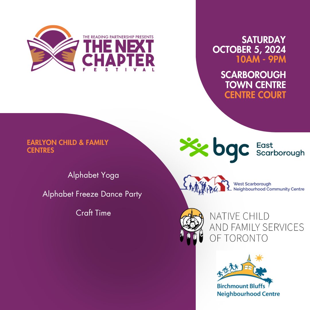 Meet EarlyOn Child &amp; Family Centres! They offer free programs to parents/caregivers and their children ages 0-6. Join us at STC on Oct. 5 for #TheNextChapterFest and Alphabet Yoga and an Alphabet Dance Party with EarlyOn.

Register today.
ow.ly/4Sf050TBLec