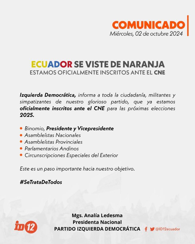 Gracias infinitas a la militancia, directivos nacionales y provinciales que han hecho de este proceso de inscripción el primer paso para pintar de naranja el Ecuador.🇪🇨 

<a href="/IdTransforma/">Listas 12 Transforma</a> <a href="/ID12Ecuador/">Izquierda Democrática</a> 
#IzquierdaDemocrática