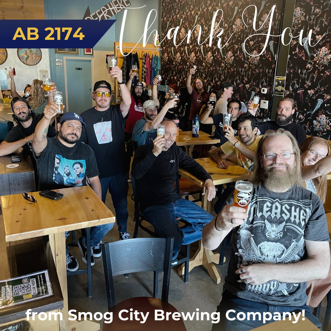 CACraftBrewers (@cacraftbrewers) on Twitter photo Cheers to #ab2174 from the team at @smogcitybrewing 🎉Special thanks to <a href="/GavinNewsom/">Gavin Newsom</a> for your support, <a href="/AsmAguiarCurry/">Cecilia Aguiar-Curry</a> for authoring the bill, as well as our local reps <a href="/AsmMuratsuchi/">Asm. Al Muratsuchi</a> <a href="/SenBradfordCA/">Senator Steven Bradford</a> <a href="/BenAllenCA/">Ben Allen</a> for supporting the CA #craftbeer industry! 🍻 Cheers to #ab2174 from the team at @smogcitybrewing 🎉Special thanks to <a href="/GavinNewsom/">Gavin Newsom</a> for your support, <a href="/AsmAguiarCurry/">Cecilia Aguiar-Curry</a> for authoring the bill, as well as our local reps <a href="/AsmMuratsuchi/">Asm. Al Muratsuchi</a> <a href="/SenBradfordCA/">Senator Steven Bradford</a> <a href="/BenAllenCA/">Ben Allen</a> for supporting the CA #craftbeer industry! 🍻