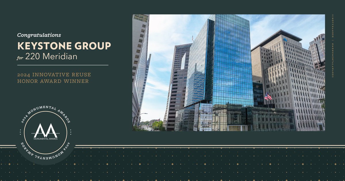 IndyChamber's tweet photo. Congratulations, @Keystone_Corp! The organization is this year’s #HonorAward winner in the #InnovativeReuse category for its work on 220 Meridian in #DowntownIndy.
#MonumentalAwards https://t.co/JUAxPGZBZE
