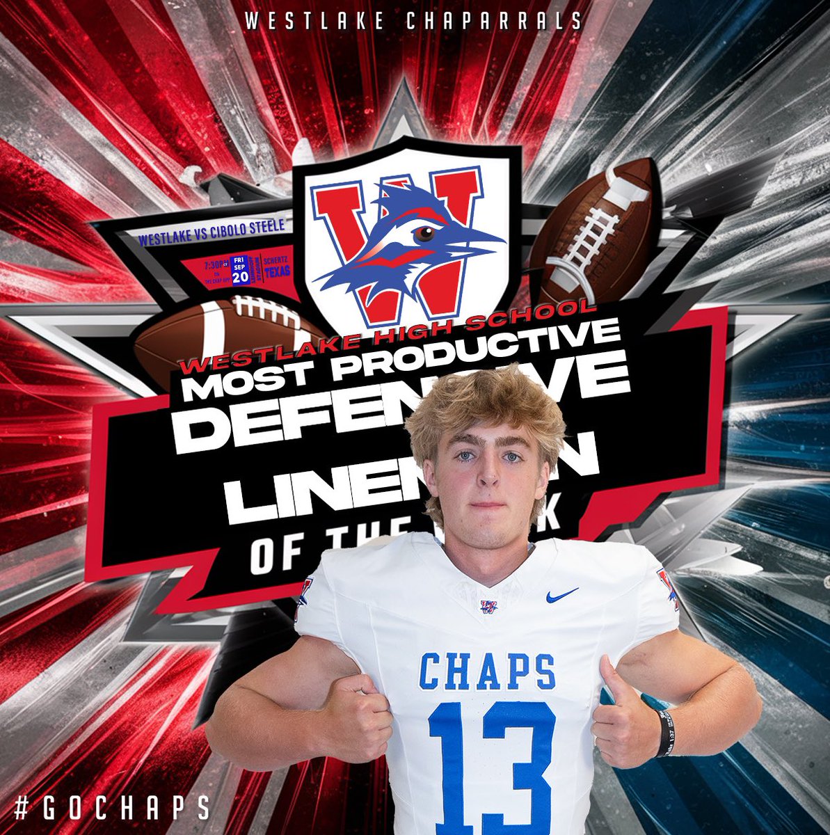 Connor Vasek was the Most Productive Defensive Lineman of the Week for his performance in the 41-16 win over Steele. Vasek recorded six total tackles and had one quarterback hurry. Congratulations, Connor. #GoChaps