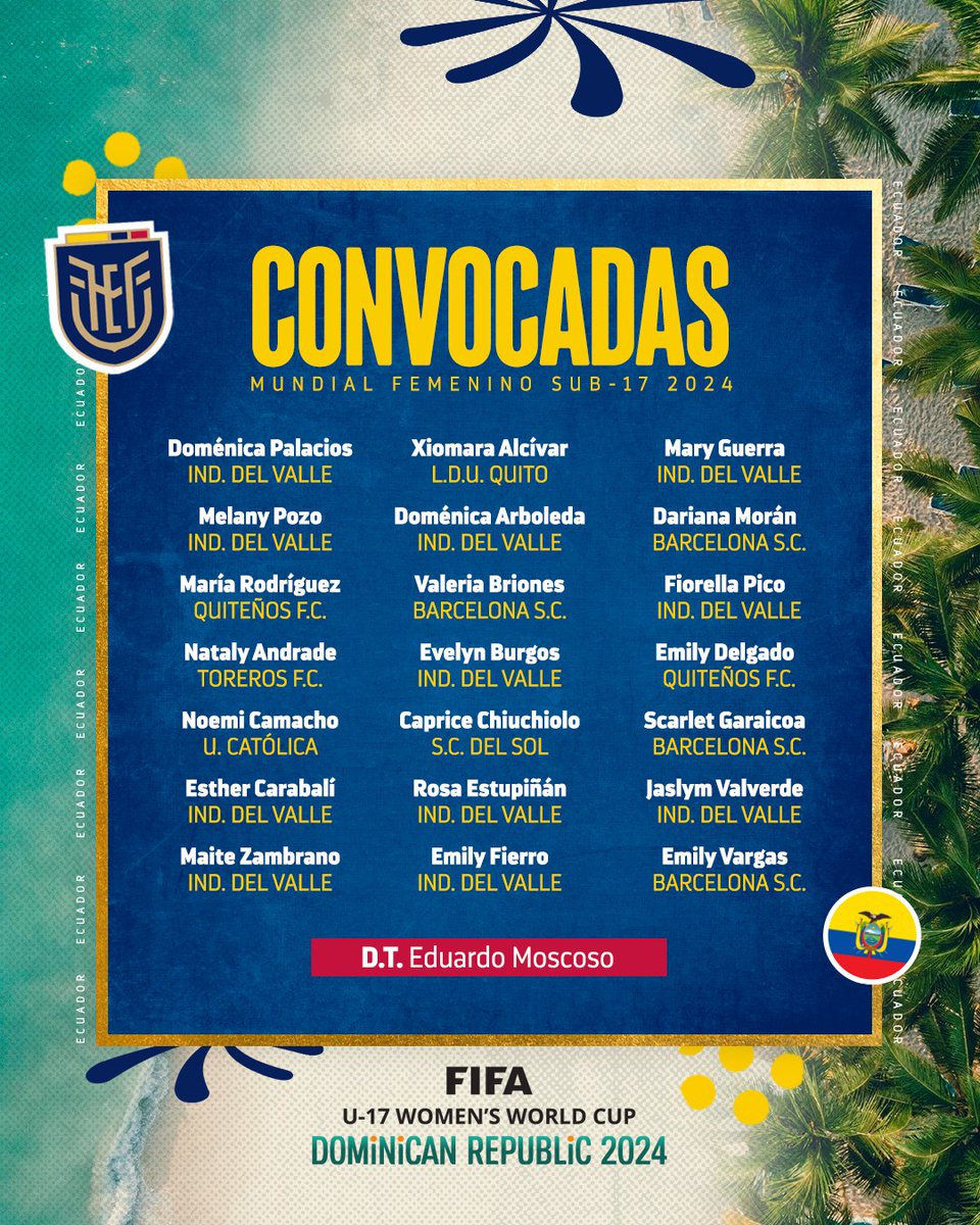 #LaTri🇪🇨

📋 Las convocadas para representar a La Tri en el Mundial Femenino U17 República Dominicana 2024. 
 🇪🇨

#JuntasPorUnaPasión⚽🏃🏽‍♀️
