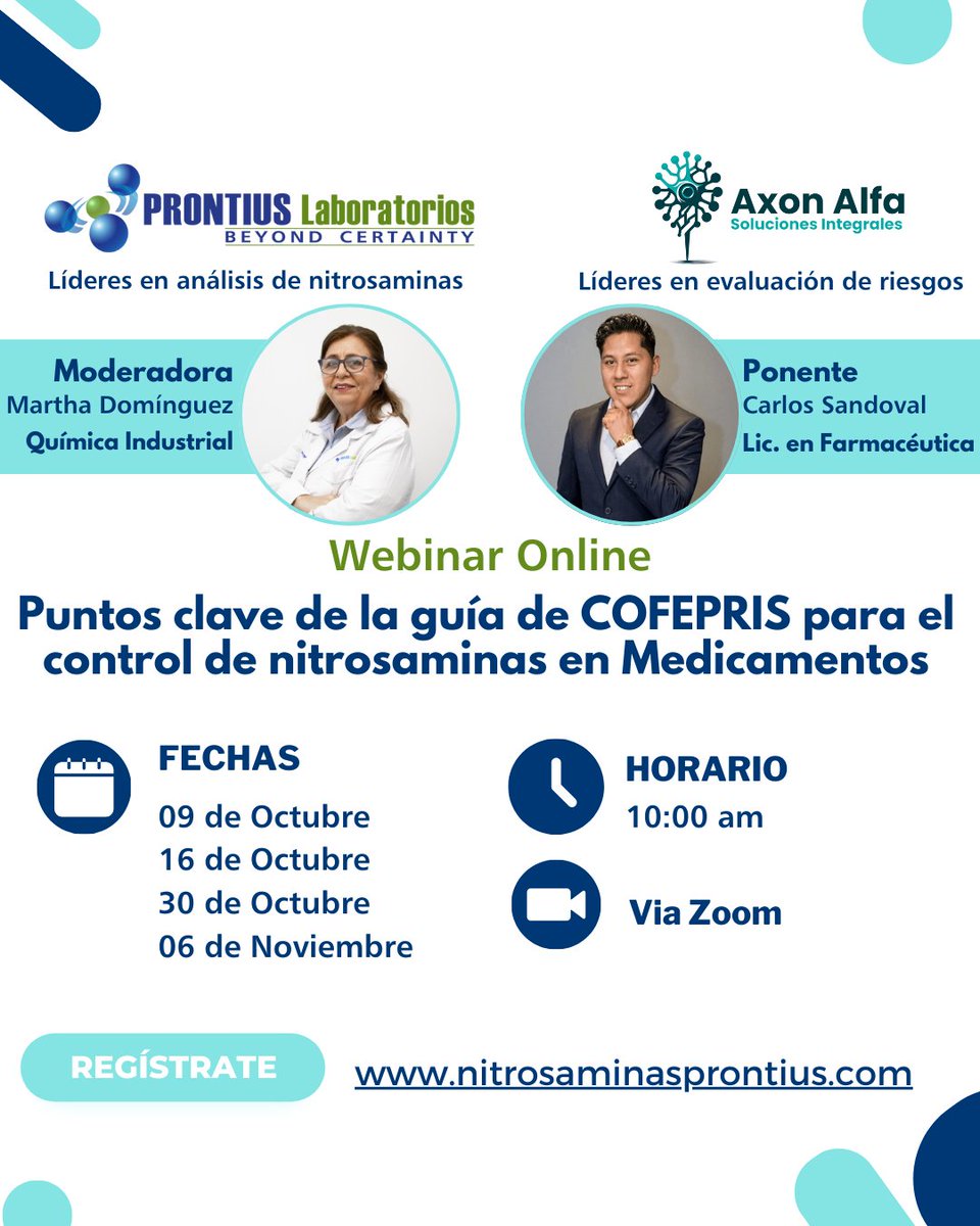 ProntiusLabsacv's tweet photo. Te invitamos a participar en nuestro próximo Webinar. Descubre los aspectos más importantes y cómo implementar estas medidas en tu empresa para cumplir con las normativas actuales.
Regístrate en https://t.co/ZybXVMCfNB 
#COFEPRIS #ControlDeNitrosaminas #IndustriaFarmacéutica https://t.co/OZrUxADpSw