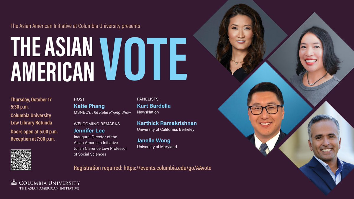 #AsianAmericans are the quintessential swing voter group who has the power to shape elections. Learn more about Asian American voters &amp; why they matter in the 2024 election.

JOIN US on 10/17 <a href="/Columbia/">Columbia University</a> <a href="/KatiePhang/">Katie Phang</a> <a href="/kurtbardella/">Kurt Bardella</a> <a href="/ProfJanelleWong/">Janelle S. Wong janellewong.bsky.social</a> <a href="/karthickr/">Karthick Ramakrishnan</a> 
sociology.columbia.edu/content/asian-…