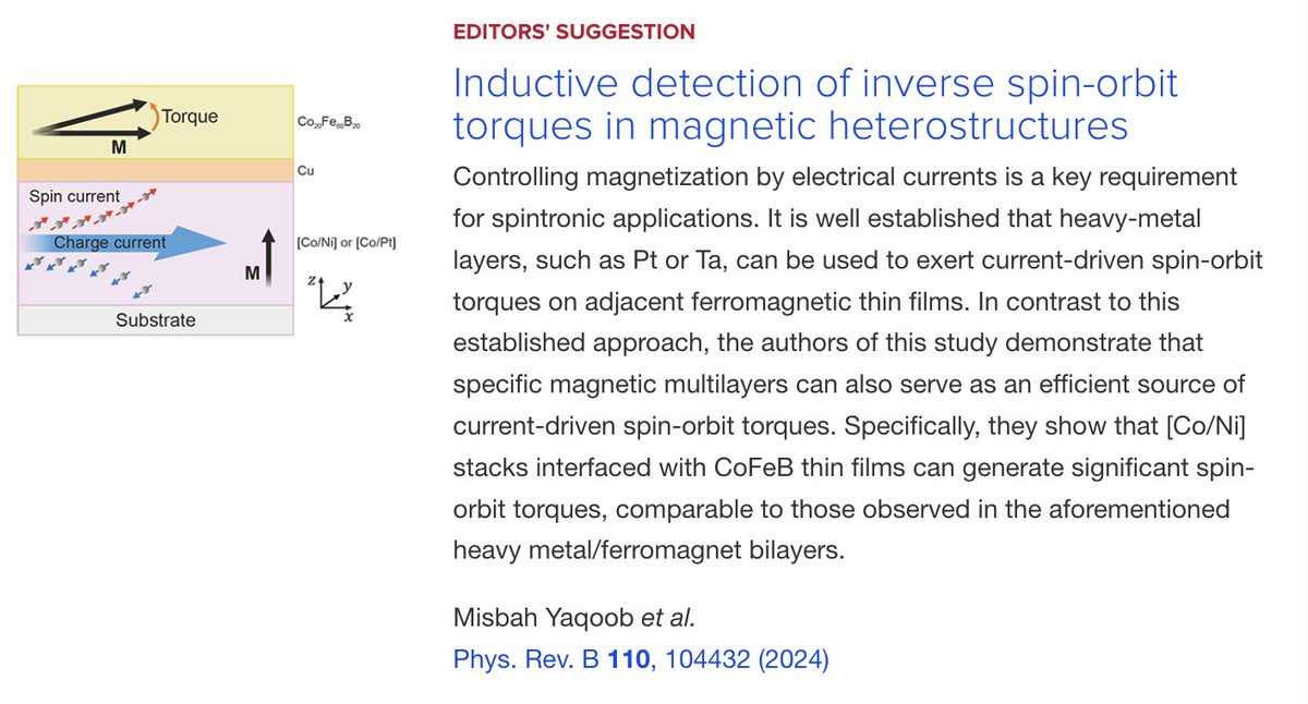 PhysRevB's tweet image. PRB Editors&apos; Suggestion: Inductive detection of inverse #SpinOrbitTorques in #MagneticHeterostructures

M. Yaqoob, F. Kammerbauer, T. G. Saunderson, V. I. Vasyuchka et al.,
Phys. Rev. B 110, 104432

➡️ go.aps.org/3zGq1z9
#EdSugg #condmat #physics @APSPhysics