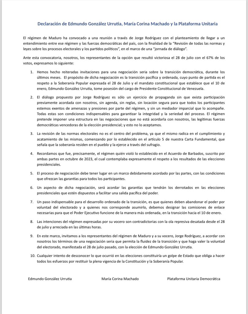#Importante | Declaración de Edmundo González Urrutia, María Corina Machado y la Plataforma Unitaria. 

#2Oct