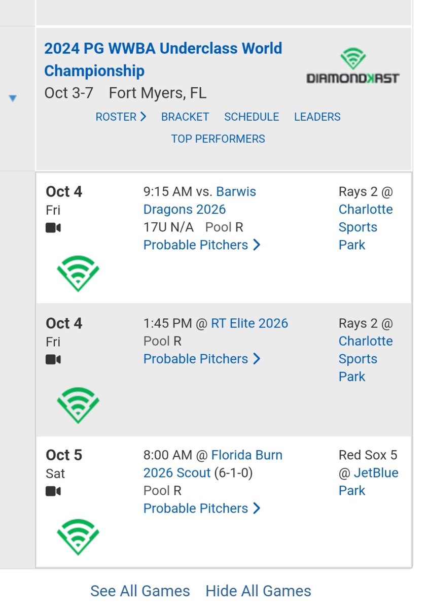 I am sharing my PG WWBA Underclass World Championship Schedule. 

I will be starting game 1 on Friday, October 4th at 9:15 AM at Charlotte Sports Park.