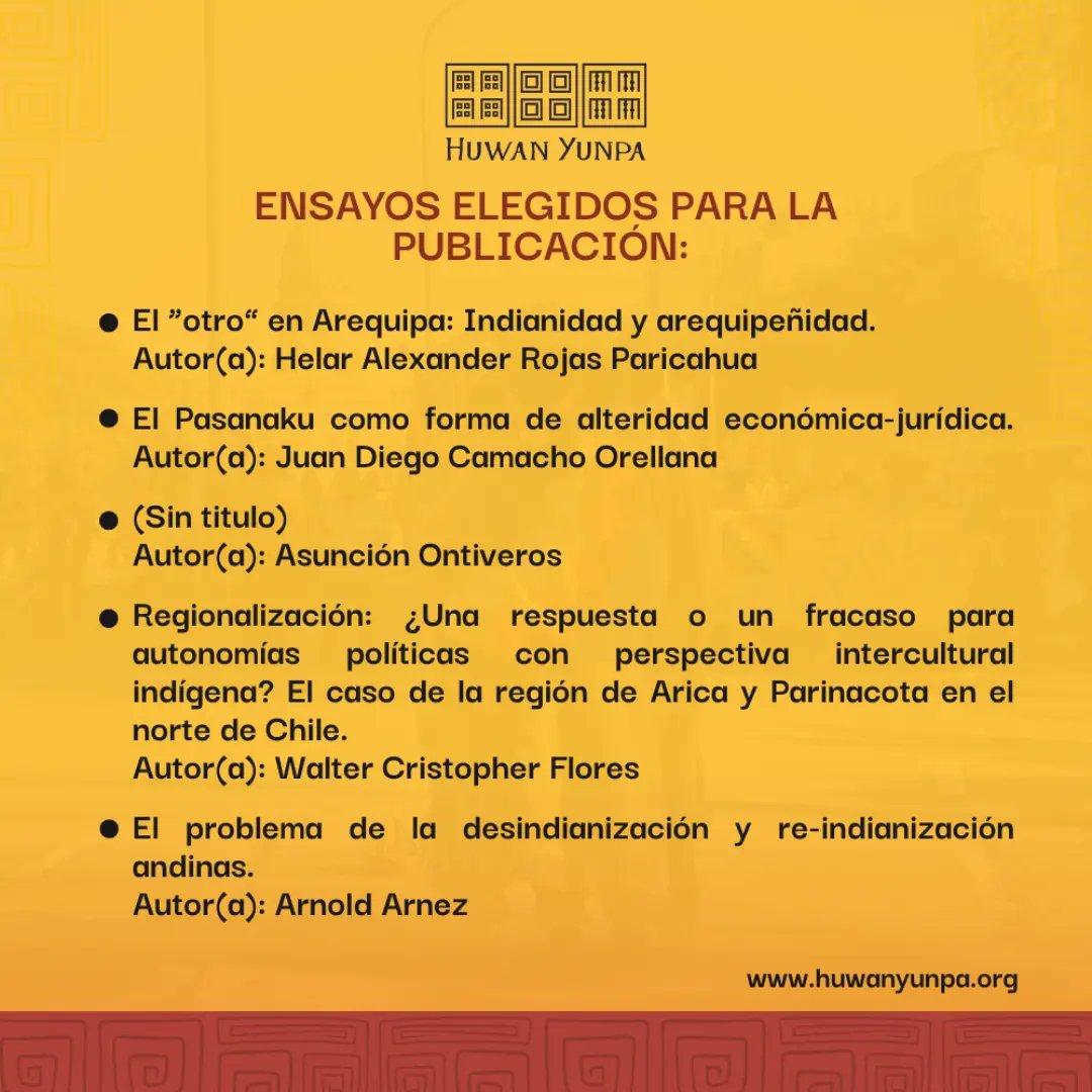 𝐕 𝐂𝐨𝐧𝐜𝐮𝐫𝐬𝐨 𝐝𝐞 𝐄𝐧𝐬𝐚𝐲𝐨 𝐬𝐨𝐛𝐫𝐞 𝐏𝐞𝐧𝐬𝐚𝐦𝐢𝐞𝐧𝐭𝐨 𝐀𝐧𝐝𝐢𝐧𝐨 𝟐𝟎𝟐𝟒

📣 Resultados📣  

Nos complace compartir los resultados finales del concurso de ensayos de este año. 
Queremos agradecer a todas las personas que participaron enviando sus propuestas.