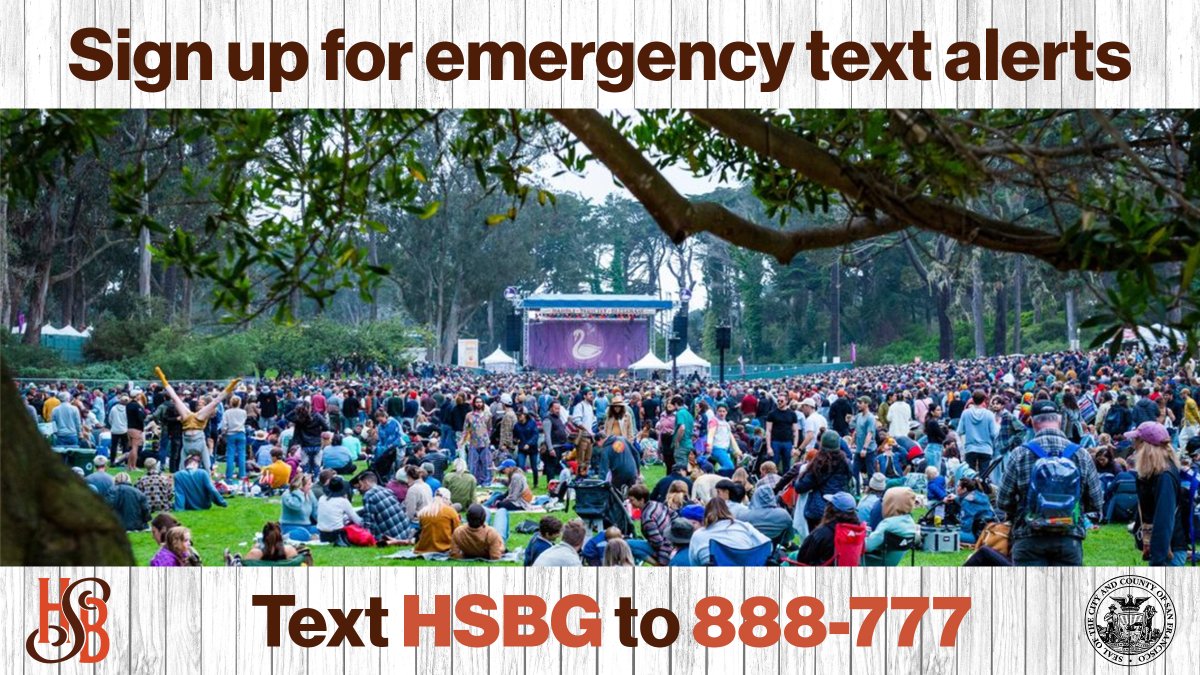 HSBFest's tweet photo. If you're planning on attending Hardly Strictly Bluegrass this weekend, sign up for AlertSF to stay informed following an emergency or significant disruption. Just text HSBG to 888-777.
Stay Cool, Stay Safe, Stay Hydrated
#alertsf
#hardlystrictlybluegrass
#hsb24 https://t.co/BQqVAlqUVf