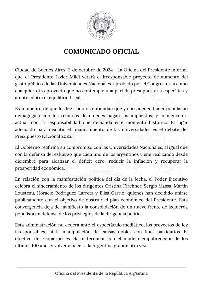 tonyaracre's tweet photo. Llega el VETO de @JMilei 

De ahora en más los legisladores que quieran aprobar una ley que implique más gasto público deben determinar qué partida alternativa recortan.

Fin https://t.co/xLSHRibndg