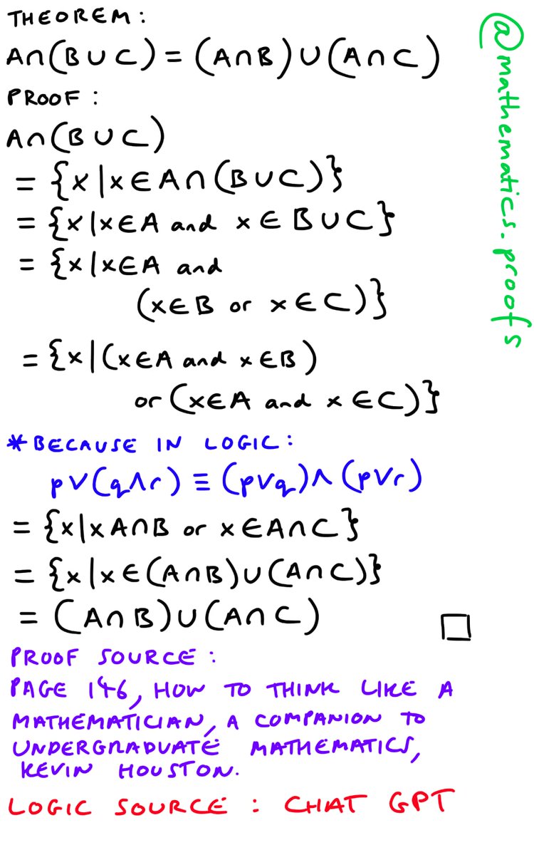tiago_hands's tweet photo. A very cool #settheory proof based on the rules of #logic. A little help from #ChatGPT and #truthtables.
A∩(B∪C)=(A∩B)∪(A∩C) https://t.co/7gAidTqSjp